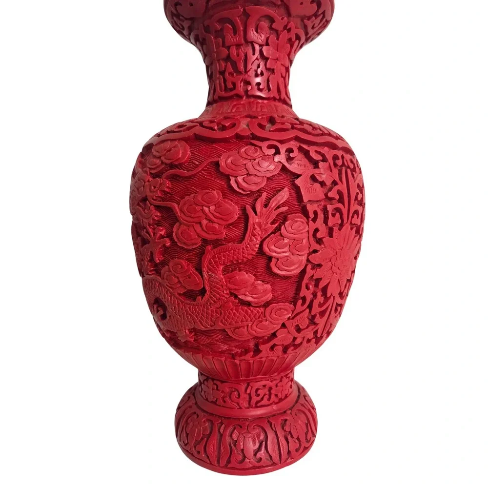 Vintage Chinese Cinnabar Red Carved Resin Vase Dragon Phoenix Oriental Decor